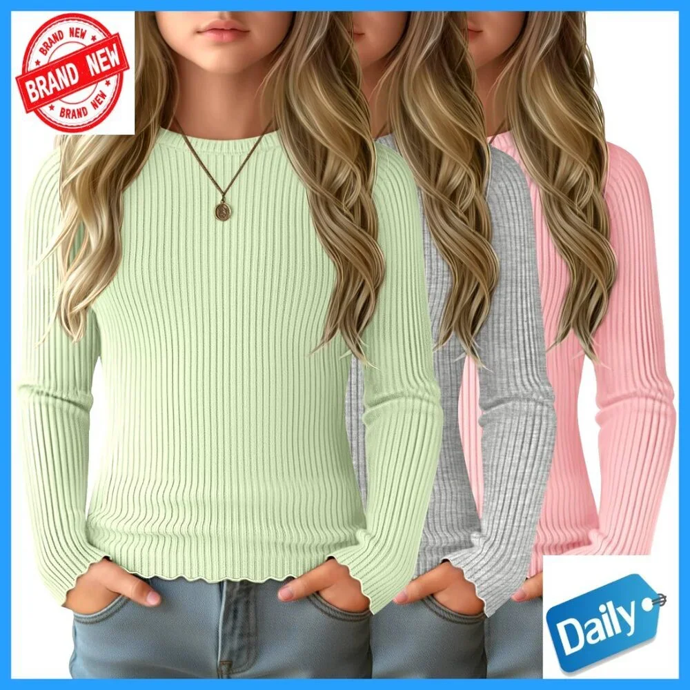 3 Pack Girls Long Sleeve Ribbed Tees Cotton Layering Undershirts Crewneck